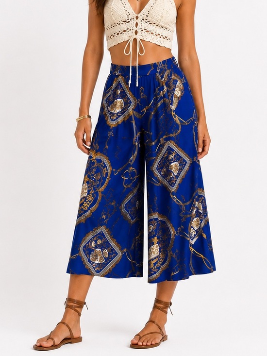 Pants - Cropped Wide Leg Printed Culotte Pants in Royal Blue